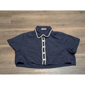 Simkhai Solange Cropped Linen-blend Shirt In Navy Blue Button Front Shirt Medium